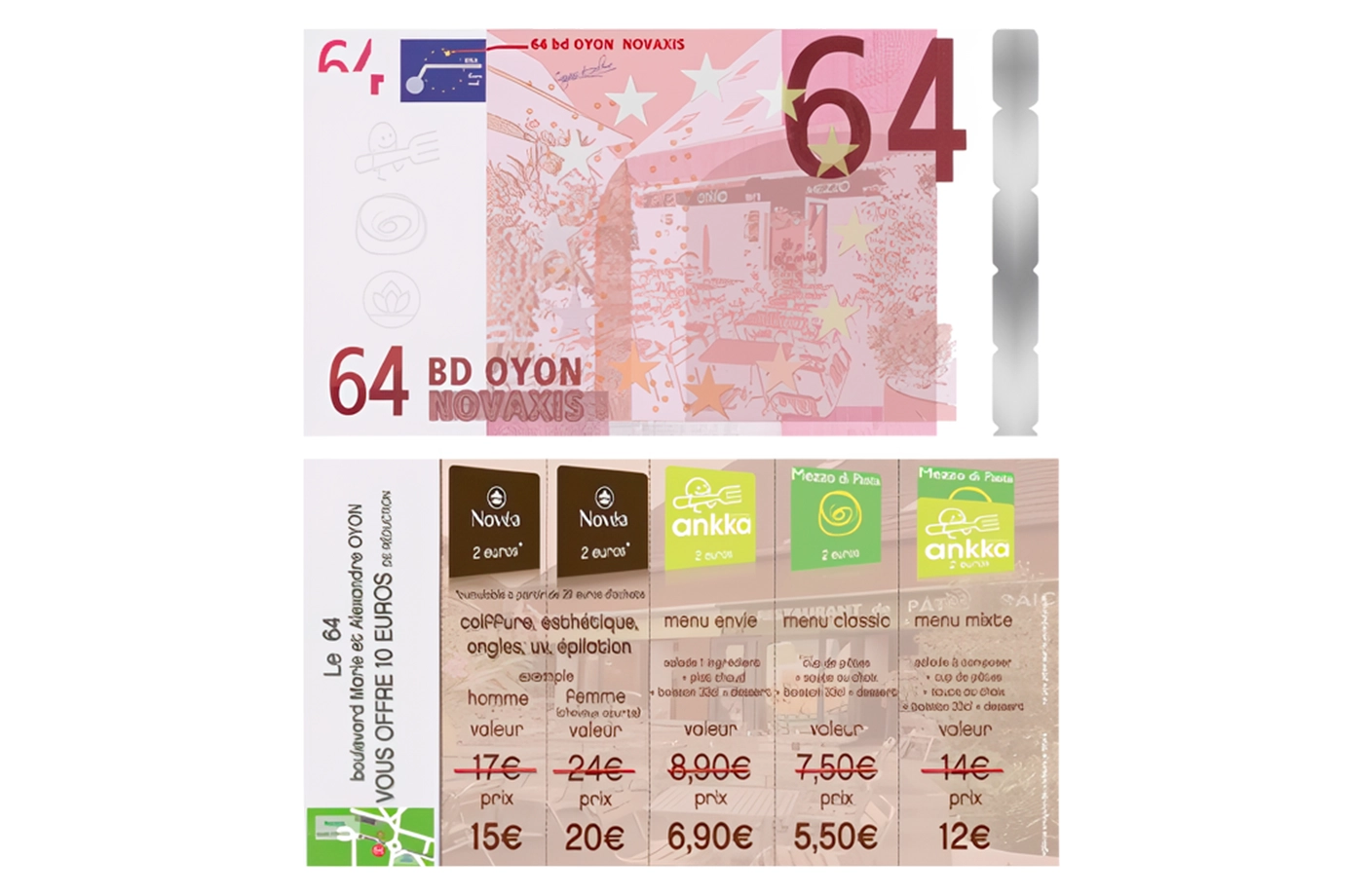 Vrai faux billet de 64 euros,exemple de campagne print originale,réalisation Agence